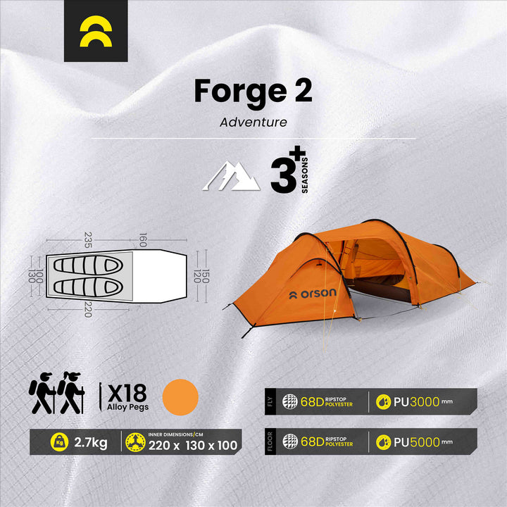 Orson Orson Forge 2 | 3+ Seasons - 2 Person Tunnel Tent | 2.7kg