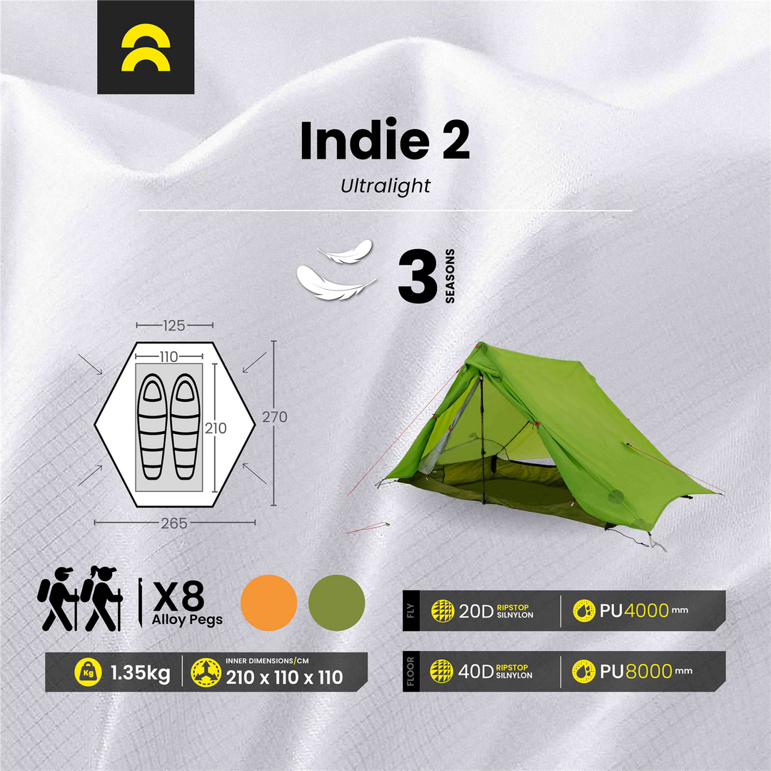 ultralight tent 2 personen Orson Indie 2 | Ultralight Silnylon 2 Person Hiking Tent